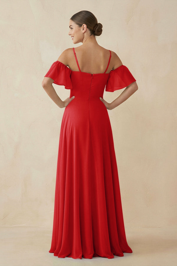 Off - the - Shoulder A - Line Chiffon Bridesmaid Dress in Ruby Red - SHE IS ME Bridesmaid Dresses