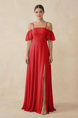Off - the - Shoulder A - Line Chiffon Bridesmaid Dress in Ruby Red - KISS BRIDAL Bridesmaid Dresses