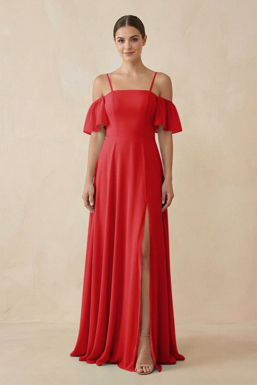Off - the - Shoulder A - Line Chiffon Bridesmaid Dress in Ruby Red - SHE IS ME Bridesmaid Dresses
