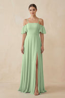 Off - the - Shoulder A - Line Chiffon Bridesmaid Dress in Sage - SHE IS ME Bridesmaid Dresses