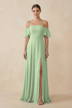 Off - the - Shoulder A - Line Chiffon Bridesmaid Dress in Sage - SHE IS ME Bridesmaid Dresses