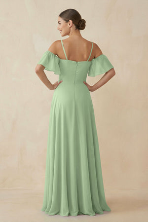 Off - the - Shoulder A - Line Chiffon Bridesmaid Dress in Sage - SHE IS ME Bridesmaid Dresses