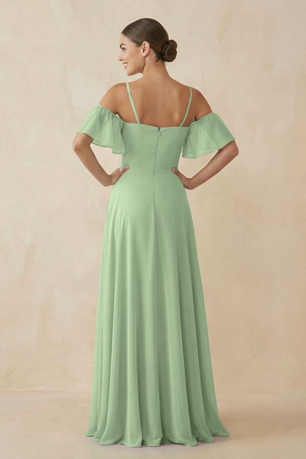 Off - the - Shoulder A - Line Chiffon Bridesmaid Dress in Sage - SHE IS ME Bridesmaid Dresses