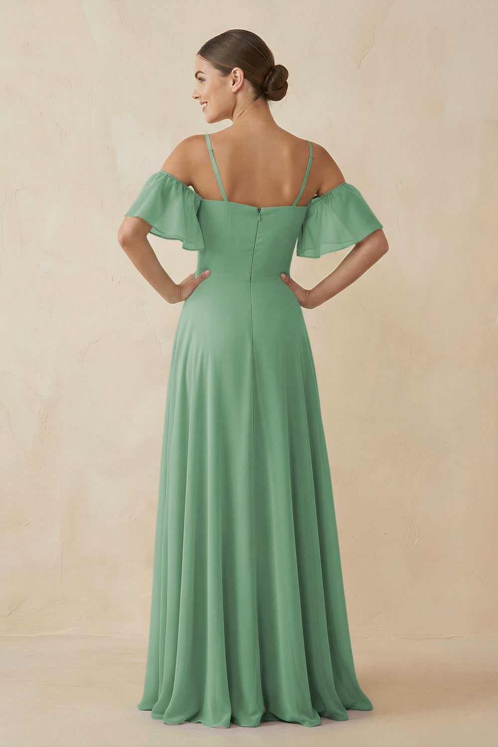 Off - the - Shoulder A - Line Chiffon Bridesmaid Dress in Sea Glass - SHE IS ME Bridesmaid Dresses