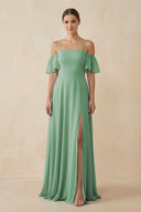 Off - the - Shoulder A - Line Chiffon Bridesmaid Dress in Sea Glass - SHE IS ME Bridesmaid Dresses