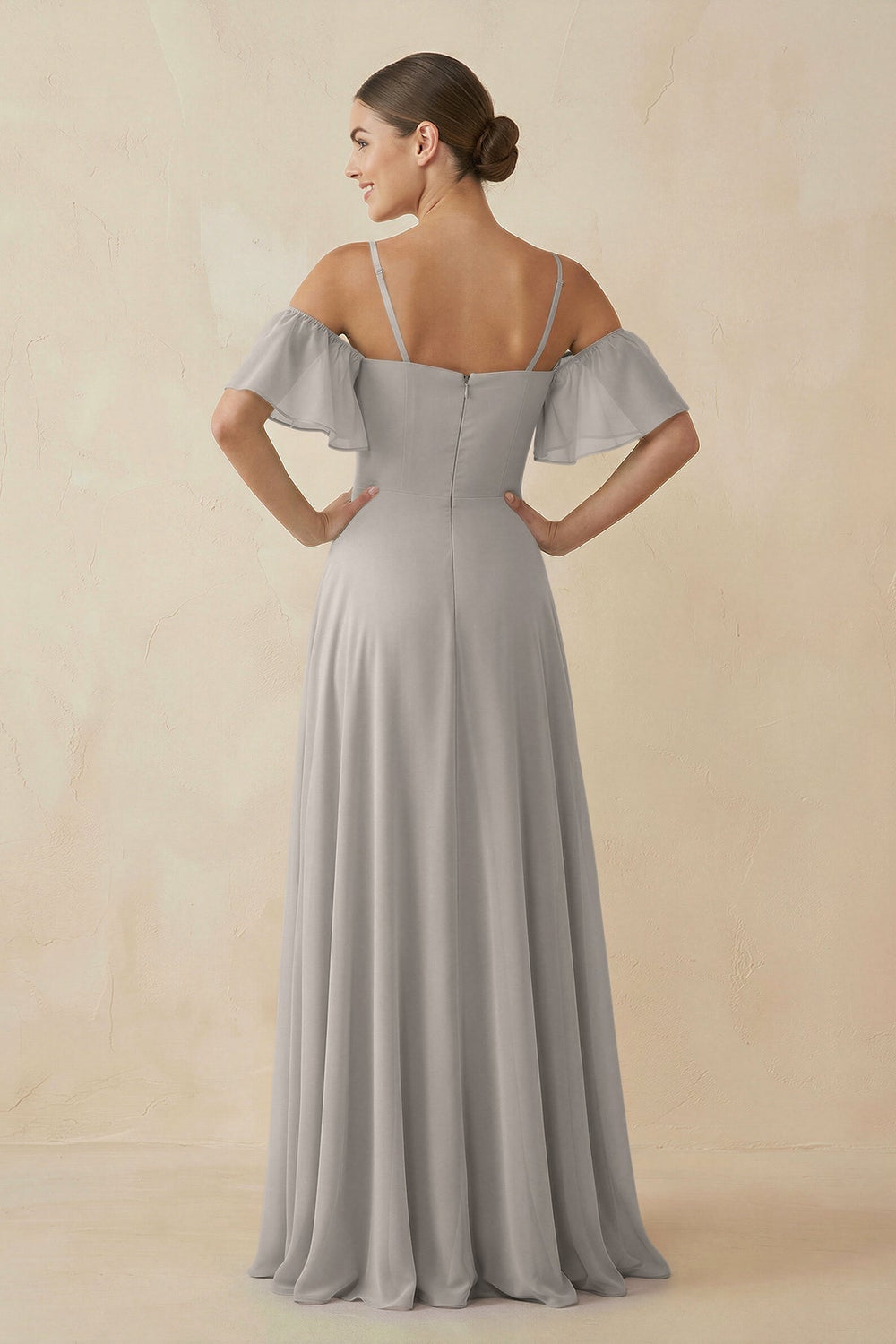 Off - the - Shoulder A - Line Chiffon Bridesmaid Dress in Silver - KISS BRIDAL Bridesmaid Dresses