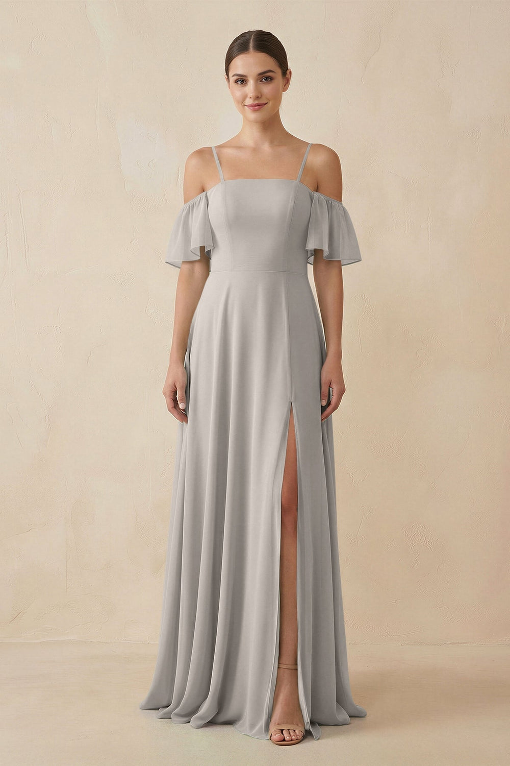 Off - the - Shoulder A - Line Chiffon Bridesmaid Dress in Silver - KISS BRIDAL Bridesmaid Dresses