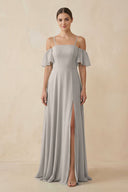 Off - the - Shoulder A - Line Chiffon Bridesmaid Dress in Silver - KISS BRIDAL Bridesmaid Dresses
