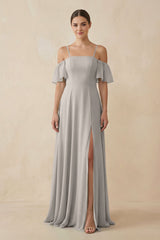Off - the - Shoulder A - Line Chiffon Bridesmaid Dress in Silver - KISS BRIDAL Bridesmaid Dresses