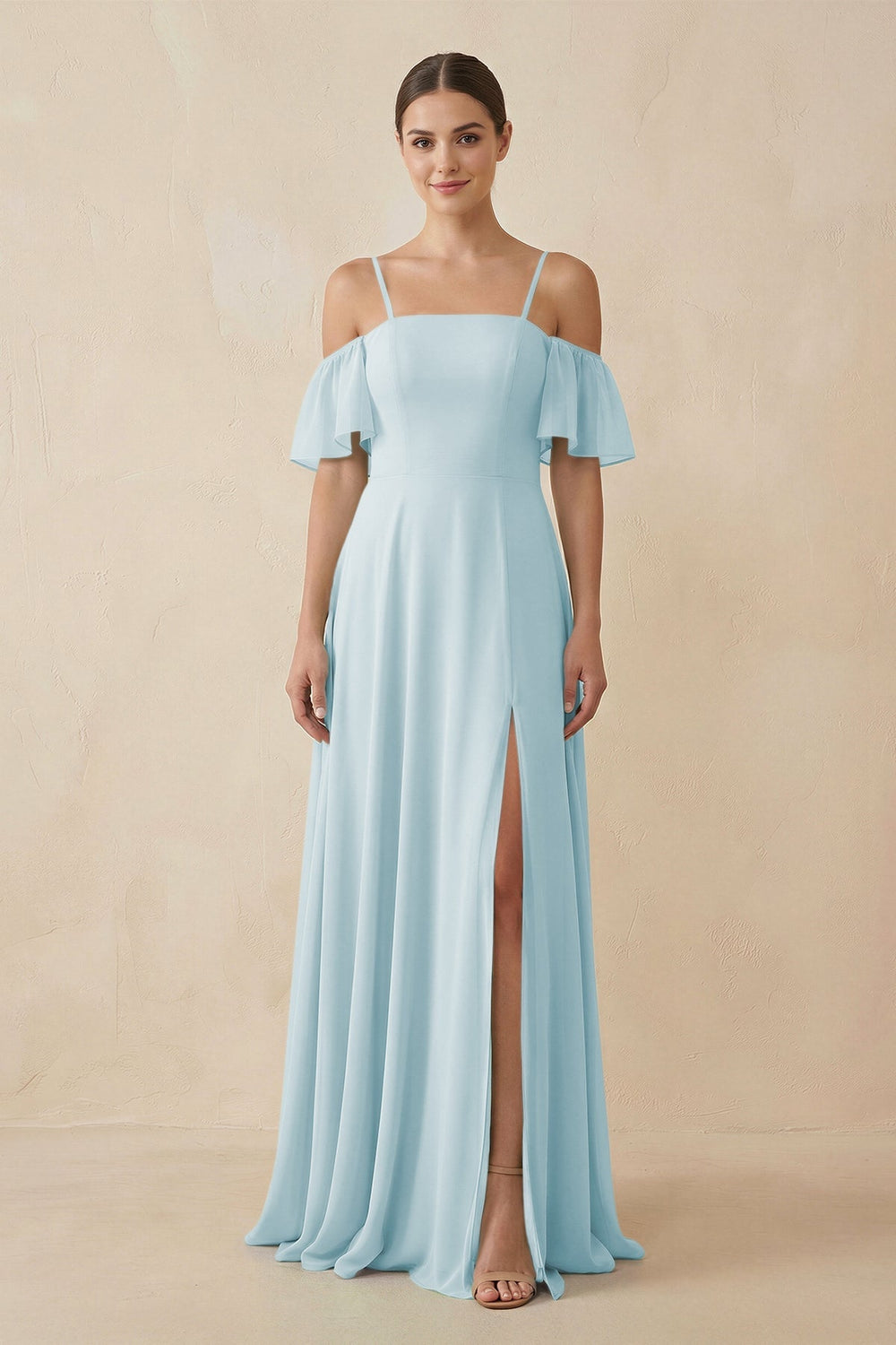 Off - the - Shoulder A - Line Chiffon Bridesmaid Dress in Sky Blue - KISS BRIDAL Bridesmaid Dresses