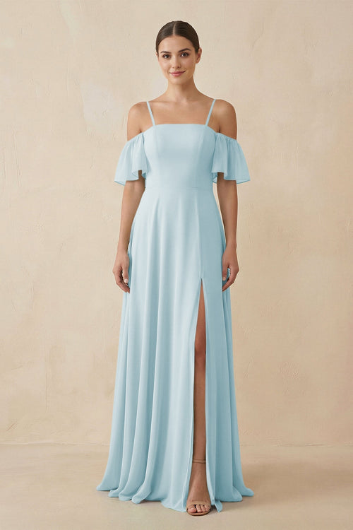 Off - the - Shoulder A - Line Chiffon Bridesmaid Dress in Sky Blue - KISS BRIDAL Bridesmaid Dresses