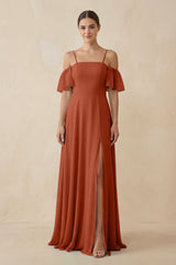 Off - the - Shoulder A - Line Chiffon Bridesmaid Dress in Spice - KISS BRIDAL Bridesmaid Dresses