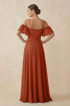 Off - the - Shoulder A - Line Chiffon Bridesmaid Dress in Spice - SHE IS ME Bridesmaid Dresses