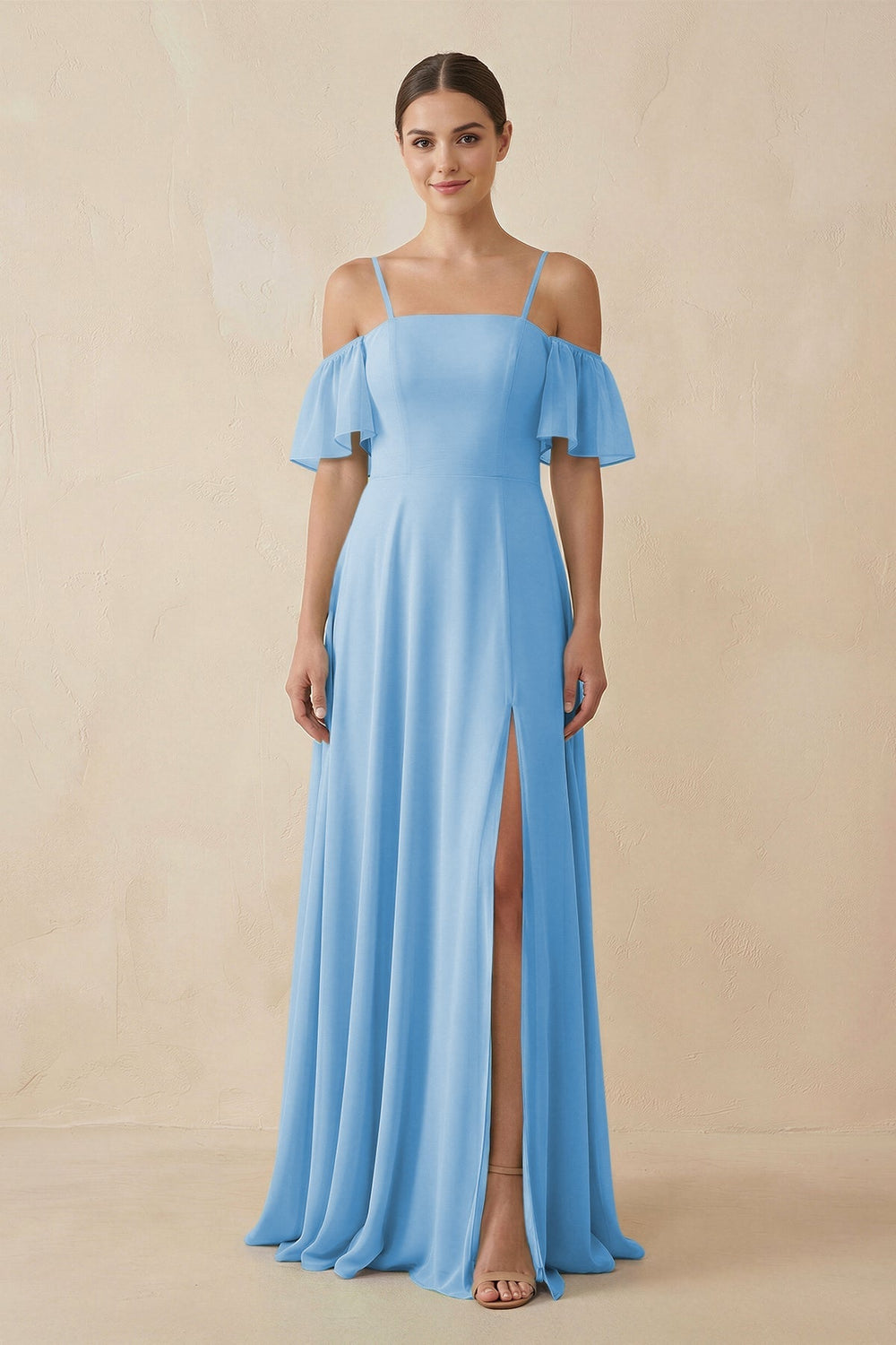 Off - the - Shoulder A - Line Chiffon Bridesmaid Dress in Steel Blue - KISS BRIDAL Bridesmaid Dresses