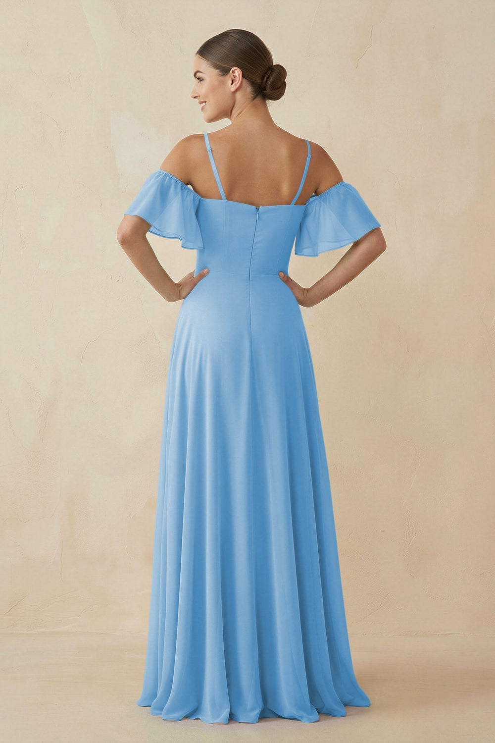 Off - the - Shoulder A - Line Chiffon Bridesmaid Dress in Steel Blue - KISS BRIDAL Bridesmaid Dresses