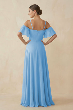 Off - the - Shoulder A - Line Chiffon Bridesmaid Dress in Steel Blue - KISS BRIDAL Bridesmaid Dresses