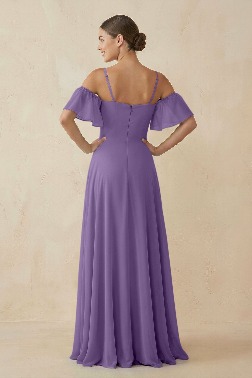 Off - the - Shoulder A - Line Chiffon Bridesmaid Dress in Tahiti - KISS BRIDAL Bridesmaid Dresses