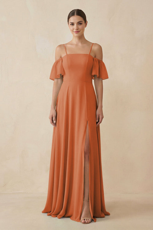 Off - the - Shoulder A - Line Chiffon Bridesmaid Dress in Terracotta - KISS BRIDAL Bridesmaid Dresses
