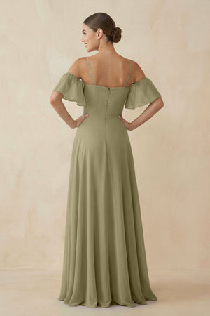 Off - the - Shoulder A - Line Chiffon Bridesmaid Dress in Thyme - SHE IS ME Bridesmaid Dresses
