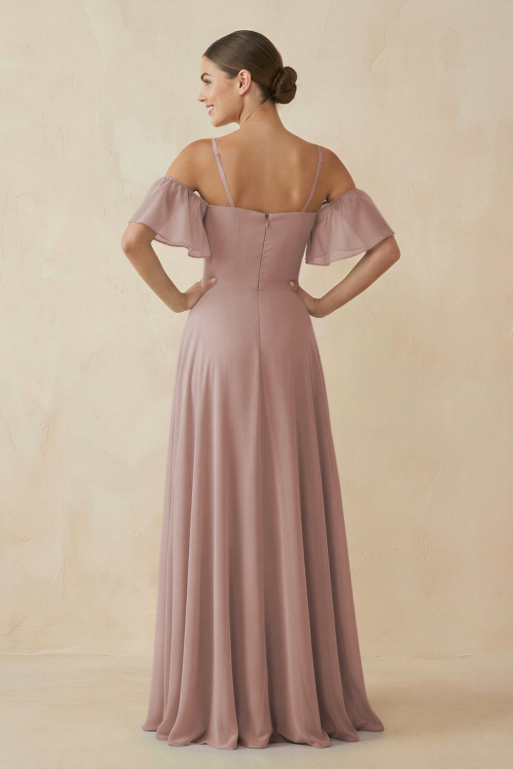 Off-the-Shoulder A-Line Chiffon Bridesmaid Dress in Toffee