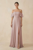 Off - the - Shoulder A - Line Chiffon Bridesmaid Dress in Toffee - KISS BRIDAL Bridesmaid Dresses