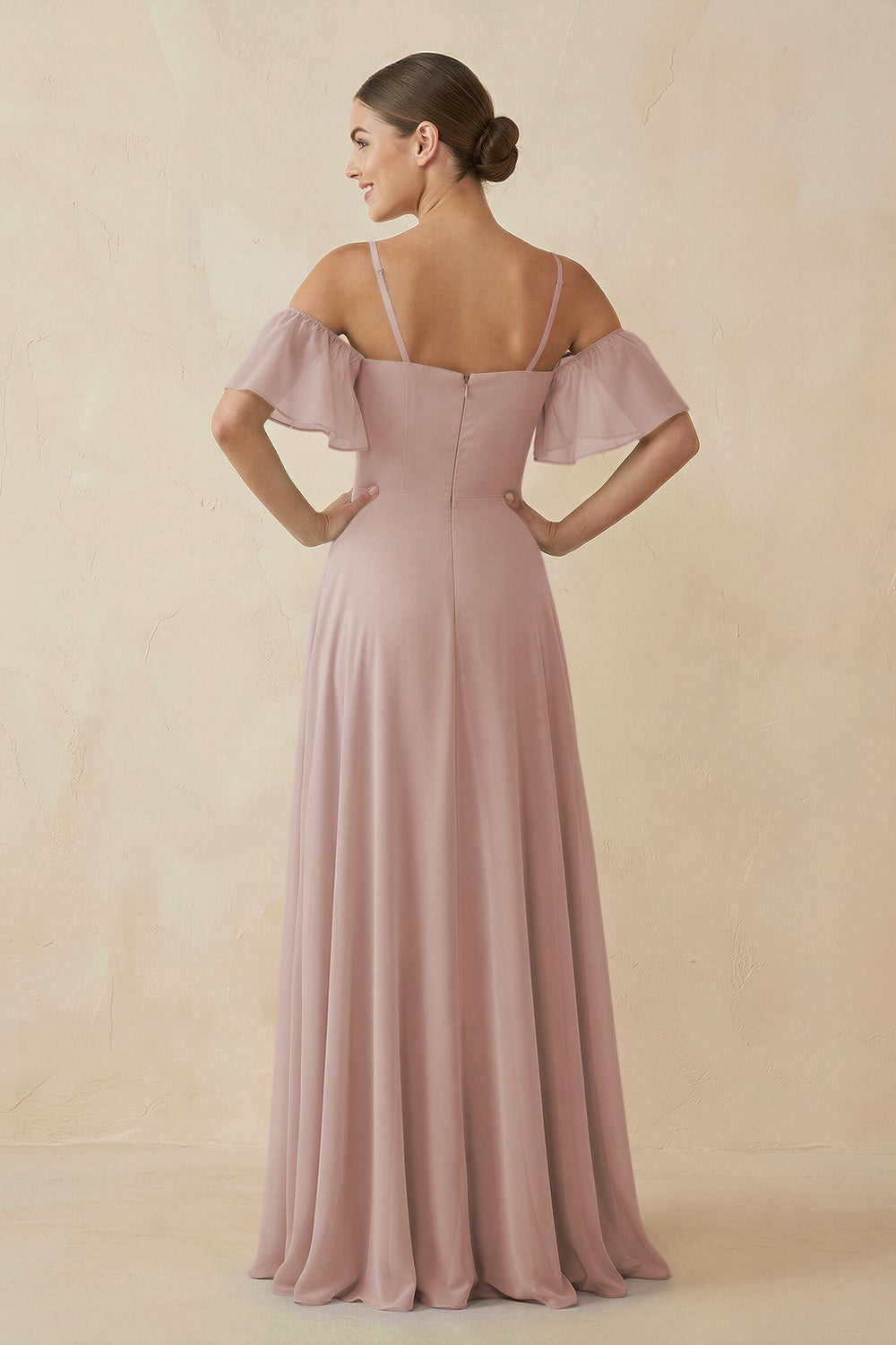 Off - the - Shoulder A - Line Chiffon Bridesmaid Dress in Toffee - KISS BRIDAL Bridesmaid Dresses