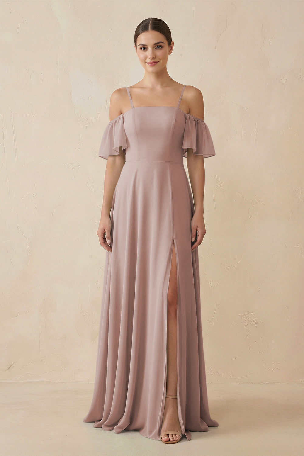 Off-the-Shoulder A-Line Chiffon Bridesmaid Dress in Toffee