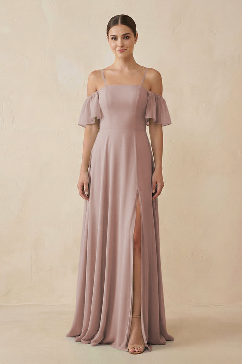 Off-the-Shoulder A-Line Chiffon Bridesmaid Dress in Toffee | KISSBRIDAL