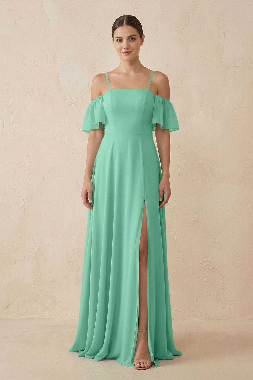 Off - the - Shoulder A - Line Chiffon Bridesmaid Dress in Turquoise - KISS BRIDAL Bridesmaid Dresses