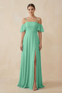 Off - the - Shoulder A - Line Chiffon Bridesmaid Dress in Turquoise - KISS BRIDAL Bridesmaid Dresses
