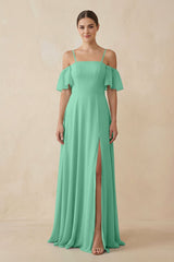 Off - the - Shoulder A - Line Chiffon Bridesmaid Dress in Turquoise - KISS BRIDAL Bridesmaid Dresses