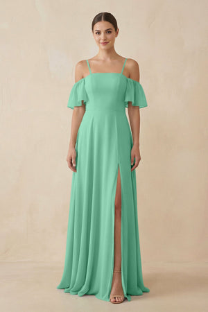 Off - the - Shoulder A - Line Chiffon Bridesmaid Dress in Turquoise - KISS BRIDAL Bridesmaid Dresses