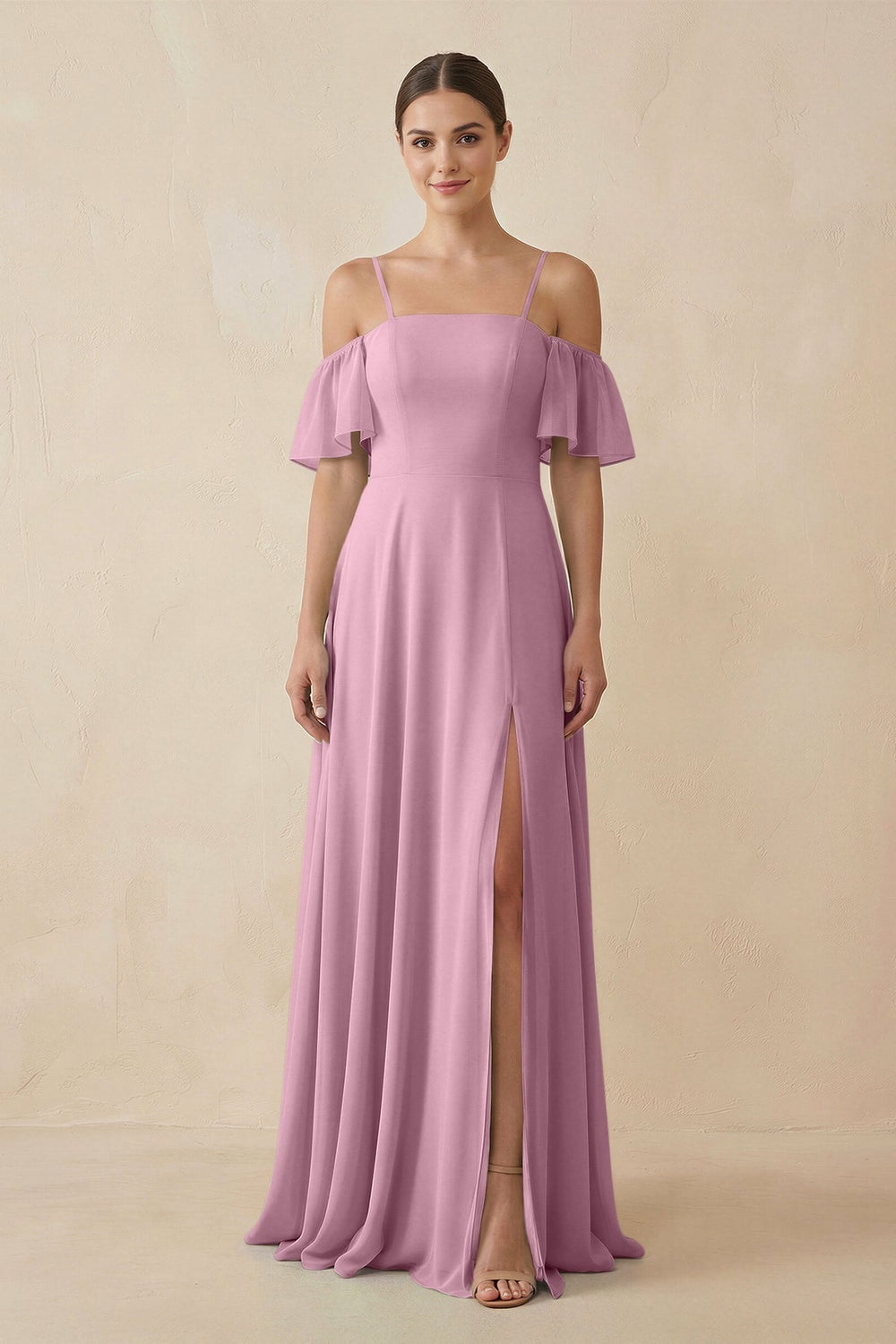 Off - the - Shoulder A - Line Chiffon Bridesmaid Dress in Vintage Mauve - KISS BRIDAL Bridesmaid Dresses