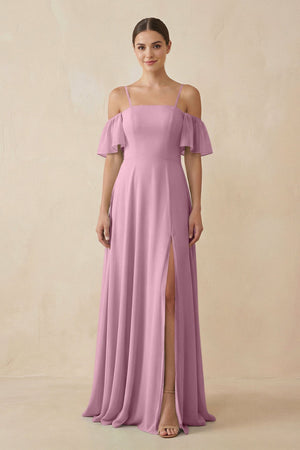 Off - the - Shoulder A - Line Chiffon Bridesmaid Dress in Vintage Mauve - KISS BRIDAL Bridesmaid Dresses