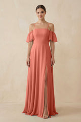 Off - the - Shoulder A - Line Chiffon Bridesmaid Dress in Wild Rose - KISS BRIDAL Bridesmaid Dresses