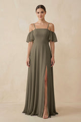 Off - the - Shoulder A - Line Chiffon Bridesmaid Dress in Willow Green - KISS BRIDAL Bridesmaid Dresses