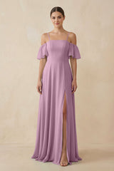 Off - the - Shoulder A - Line Chiffon Bridesmaid Dress in Wisteria - KISS BRIDAL Bridesmaid Dresses