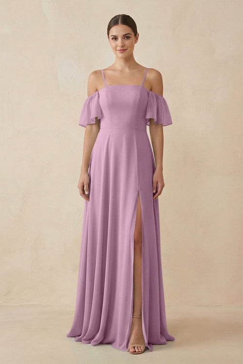 Off - the - Shoulder A - Line Chiffon Bridesmaid Dress in Wisteria - SHE IS ME Bridesmaid Dresses
