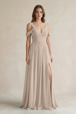Off - the - Shoulder A - Line Chiffon Bridesmaid Dress With Slit in Almond - SHE IS ME Bridesmaid Dresses