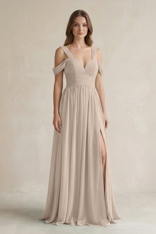 Off - the - Shoulder A - Line Chiffon Bridesmaid Dress With Slit in Almond - SHE IS ME Bridesmaid Dresses