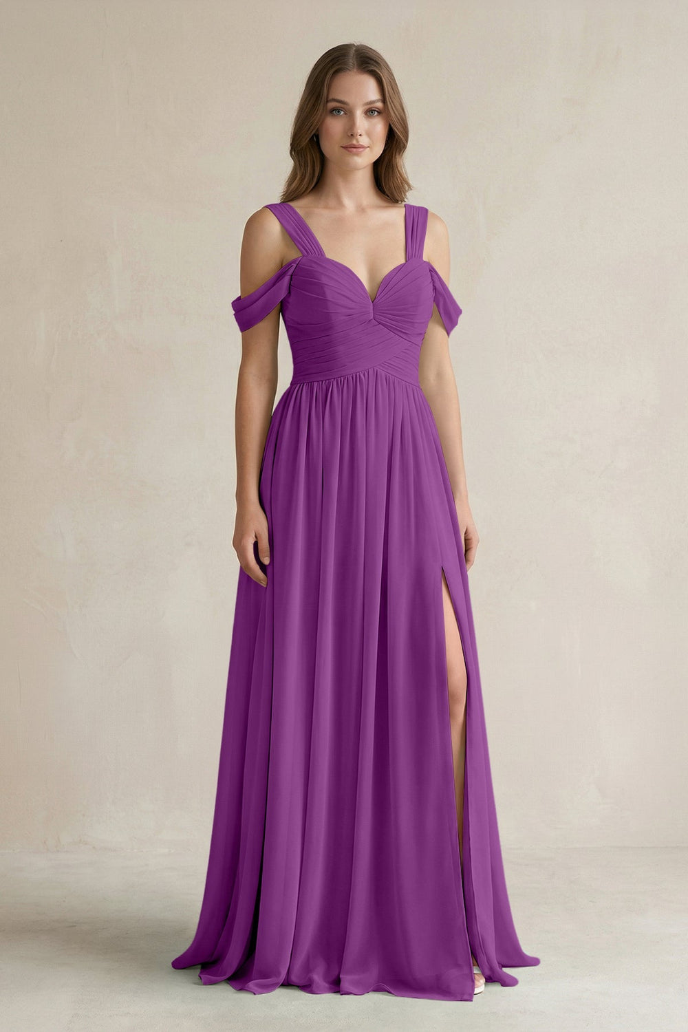 Off - the - Shoulder A - Line Chiffon Bridesmaid Dress With Slit in Amethyst - SHE IS ME Bridesmaid Dresses
