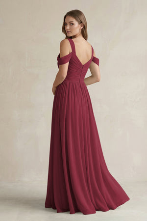 Off - the - Shoulder A - Line Chiffon Bridesmaid Dress With Slit in Berry - KISS BRIDAL Bridesmaid Dresses