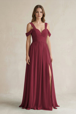 Off - the - Shoulder A - Line Chiffon Bridesmaid Dress With Slit in Berry - KISS BRIDAL Bridesmaid Dresses
