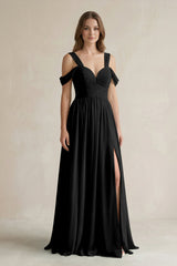 Off - the - Shoulder A - Line Chiffon Bridesmaid Dress With Slit in Black - KISS BRIDAL Bridesmaid Dresses