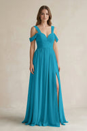 Off - the - Shoulder A - Line Chiffon Bridesmaid Dress With Slit in Blue Jay - SHE IS ME Bridesmaid Dresses