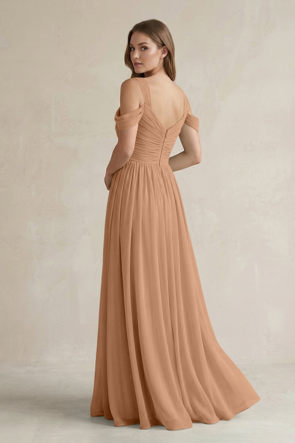 Off - the - Shoulder A - Line Chiffon Bridesmaid Dress With Slit in Bronzer - SHE IS ME Bridesmaid Dresses