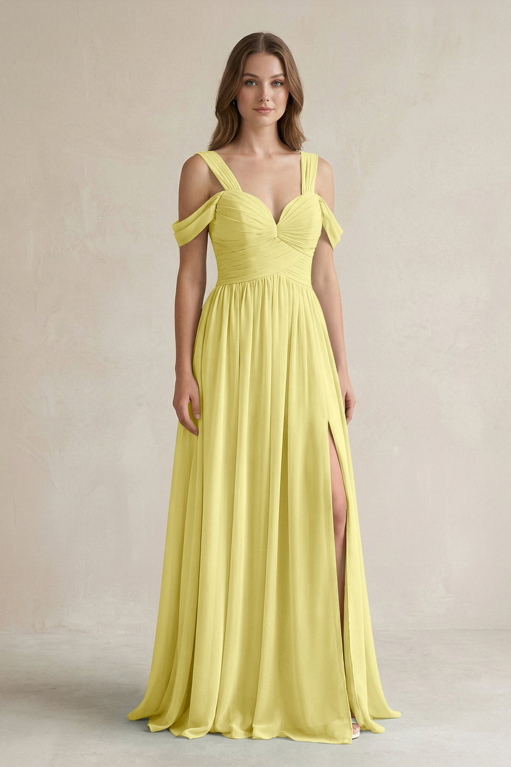 Off - the - Shoulder A - Line Chiffon Bridesmaid Dress With Slit in Buttercup - SHE IS ME Bridesmaid Dresses