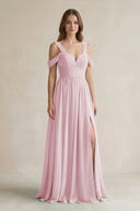 Off - the - Shoulder A - Line Chiffon Bridesmaid Dress With Slit in Candy Pink - SHE IS ME Bridesmaid Dresses