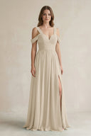 Off - the - Shoulder A - Line Chiffon Bridesmaid Dress With Slit in Champagne - SHE IS ME Bridesmaid Dresses