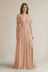 Off - the - Shoulder A - Line Chiffon Bridesmaid Dress With Slit in Champagne Rose - KISS BRIDAL Bridesmaid Dresses